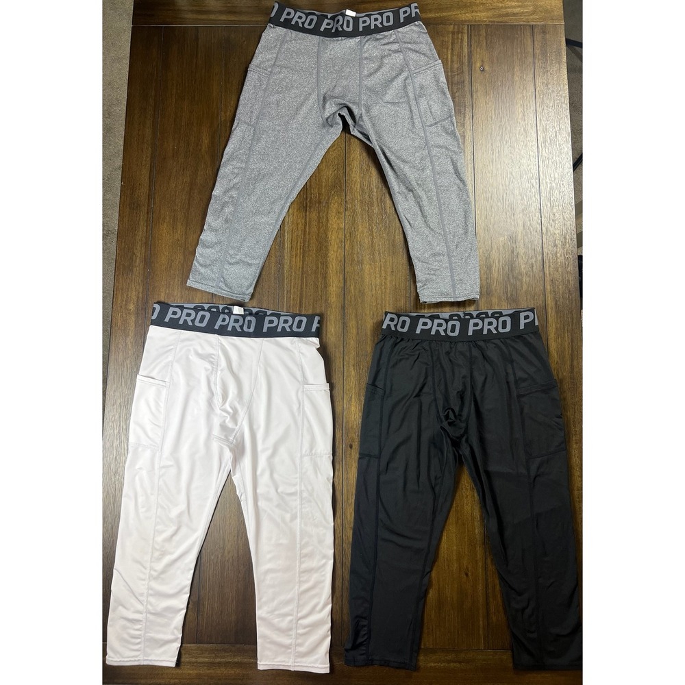 Pro Mens Compression Tights 3 Pack Black Grey White Side Pockets Size L SL609